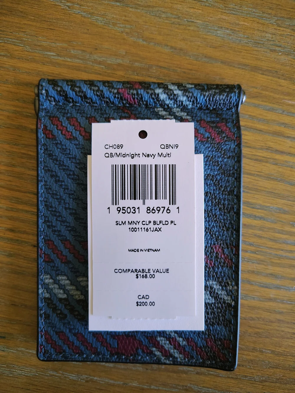 NWT Coach Mens Slim Money Clip Bifold Wallet Plaid Midnight Navy CH089